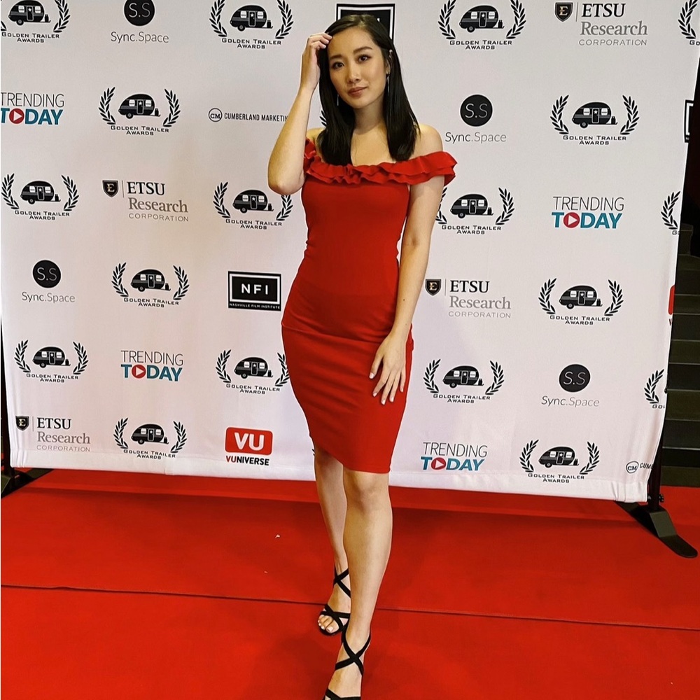 Red Ruffled Off-Shoulder Midi Dress